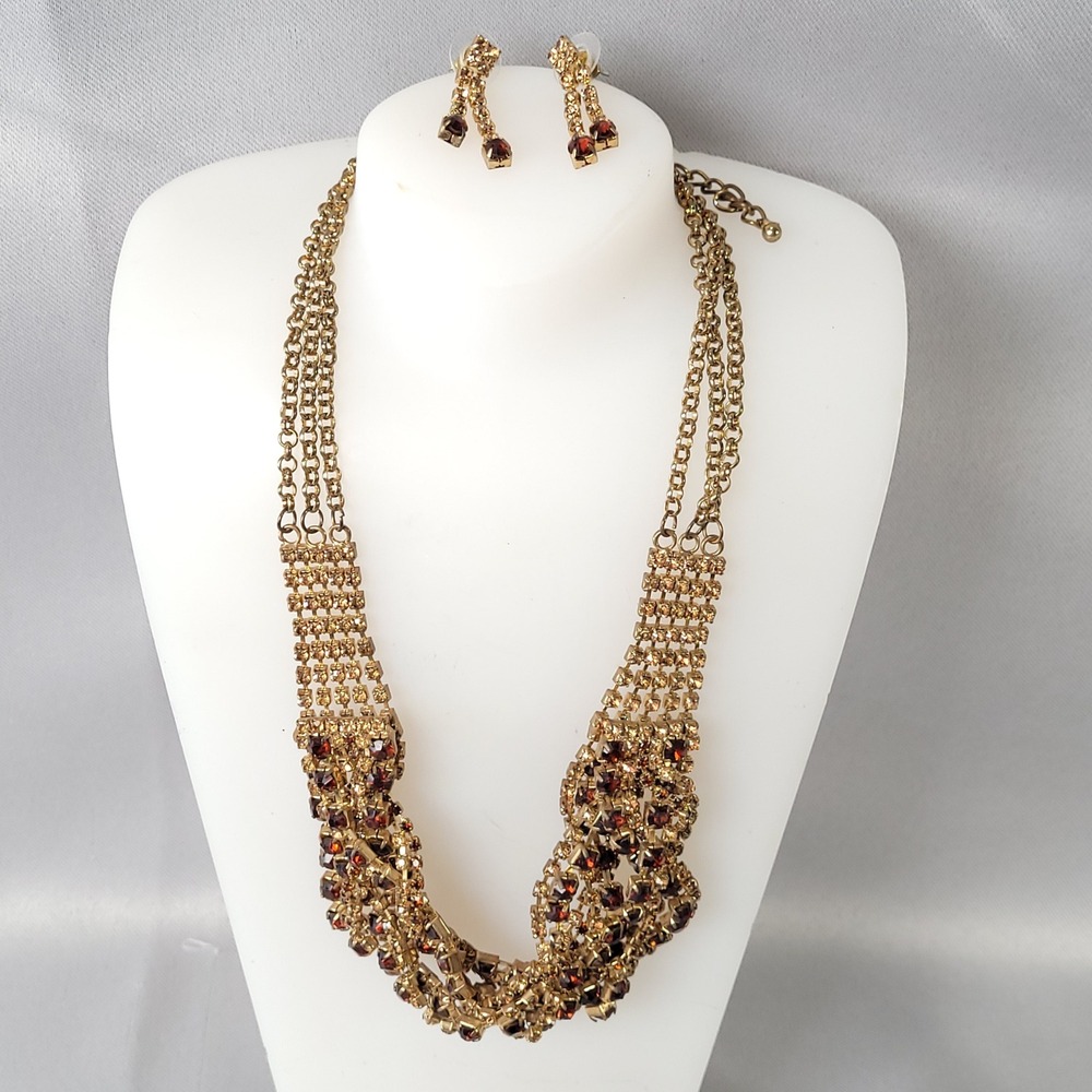 Statement Rhinestone Bib Necklace Earring Set Gold Amber Cognac Mesh